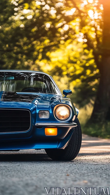 Classic blue muscle car glows against a golden forest backdrop