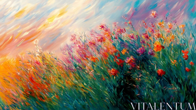 Colorful wildflower field tilts under a bright abstract sky