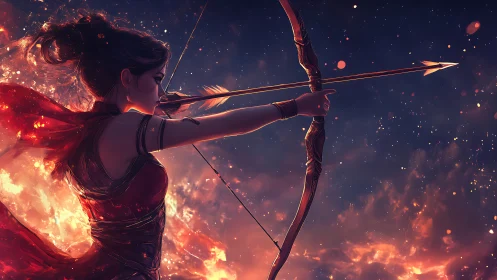 Fiery archer poised in starlit sky with glowing longbow.