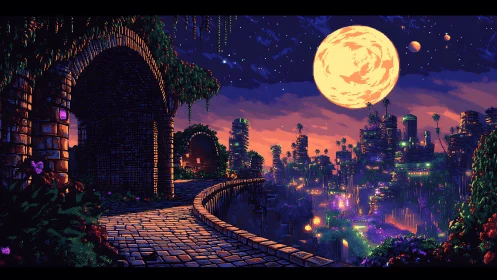 Pixel cityscape under large moon with elevated stone path.
