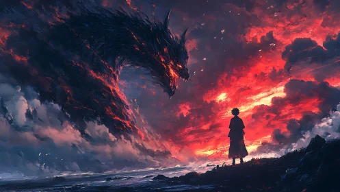 Silhouette confronting massive dragon amid red storm sky.