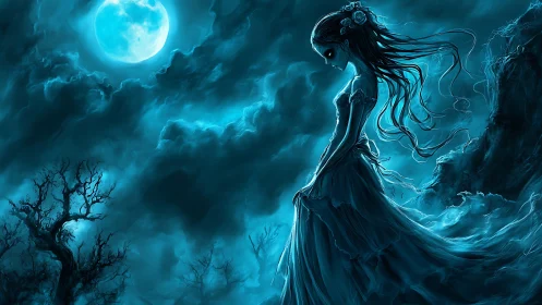 Moonlit spectral maiden in stormy cyan nocturnal landscape.