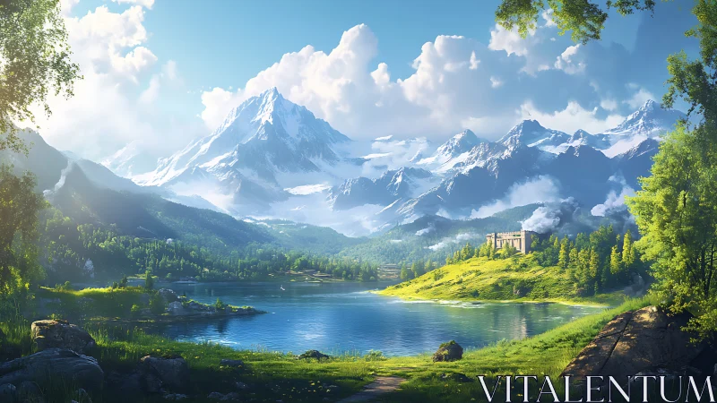 Snowcapped mountains rise over sunlit lakeside castle