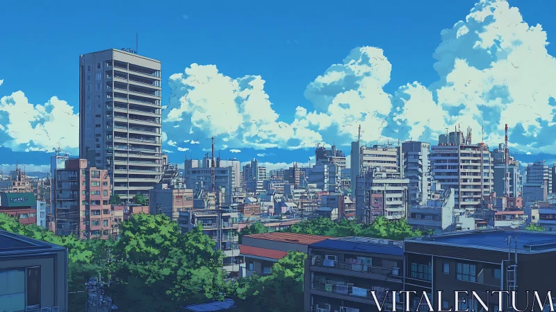 Summer urban skyline under towering cumulus clouds at noon.