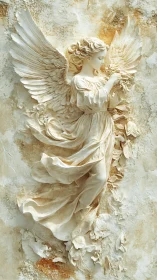 Winged relief angel drifts through crumbling marble dreams.