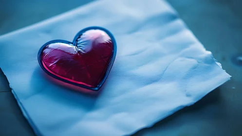 Crimson heart-shaped object rests on textured white fabric surface