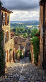 Sunlit cobbled lane descending toward rolling countryside.