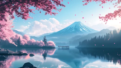 Mountain lake landscape with cherry trees and wooden pier.