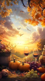 Autumn harvest still life under radiant sunset skyscape.