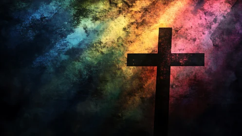 Radiant colors gather gently around a bold dark cross