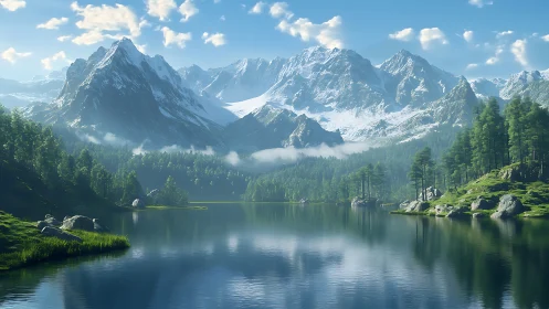 Peaceful mountain lake embraced by sunlit evergreen forests.
