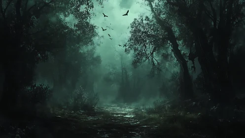 Nocturnal mist forest corridor under cinematic teal haze.