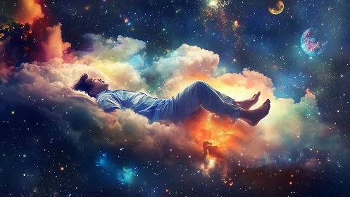 Stargazing dreamer drifts on glowing clouds in quiet space