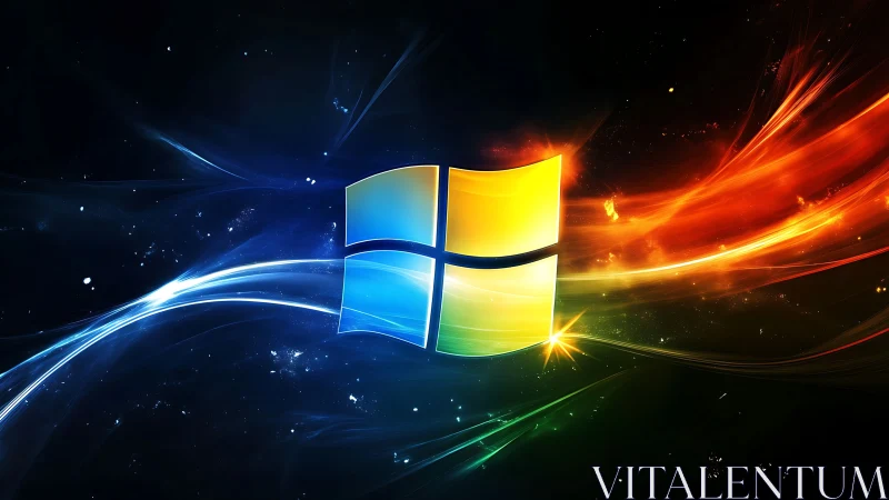 Windows logo with neon light trails on dark cosmic field.
