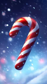 Red striped candy cane floats in soft snowy dusk sky