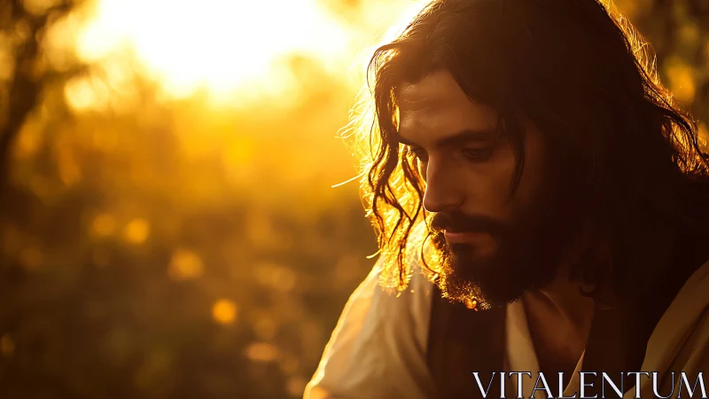 Soft golden sunset embraces a thoughtful bearded man.