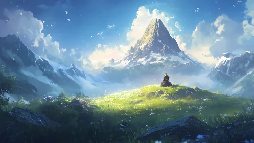 Solitary wanderer greeting a sunlit, storybook mountain realm.