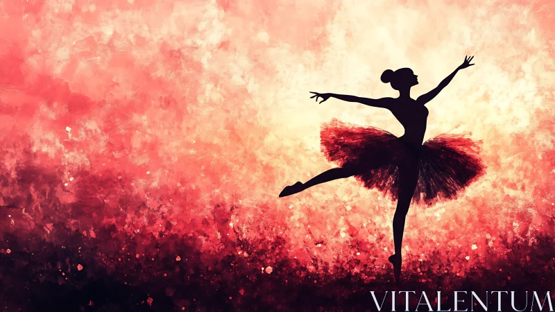 Silhouette of ballet dancer contrasts against textured red field