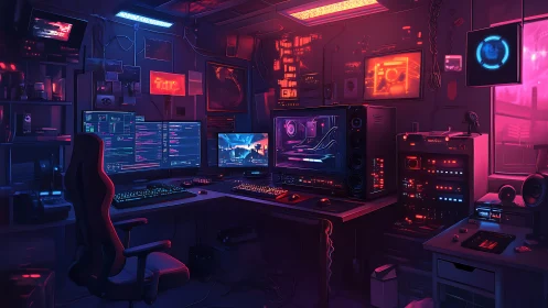 Dual monitor workstation in neon lit tech cluttered room.