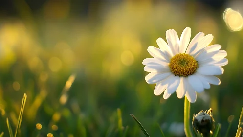 Sunlit daisy soloist basking in a mellow golden meadow glow.
