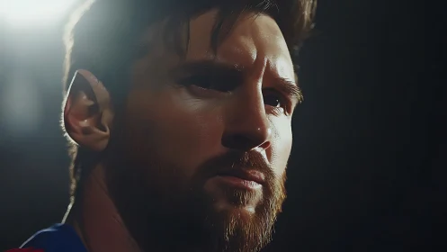 Focused footballer portrait under dramatic stadium light.