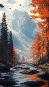 Mountain river cuts through vivid autumn forest valley