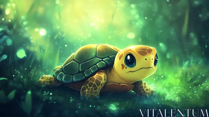 Tiny forest turtle glows softly in a dreamy emerald world.