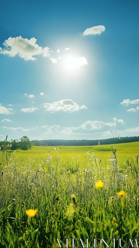 Sunny wildflower meadow under a wide, welcoming blue sky.
