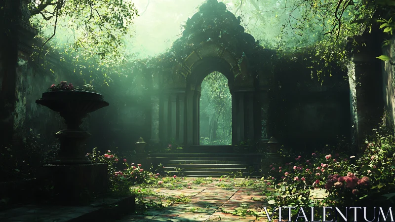 Sunlit ruined garden archway invites quiet escape
