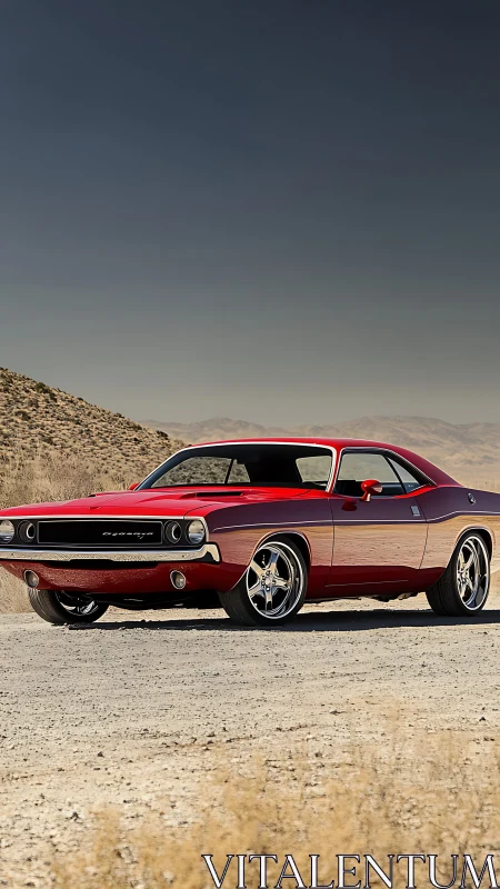 Classic red muscle car stands bold against desert horizon