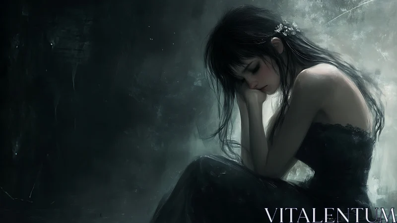 Melancholic seated figure in chiaroscuro digital painting.