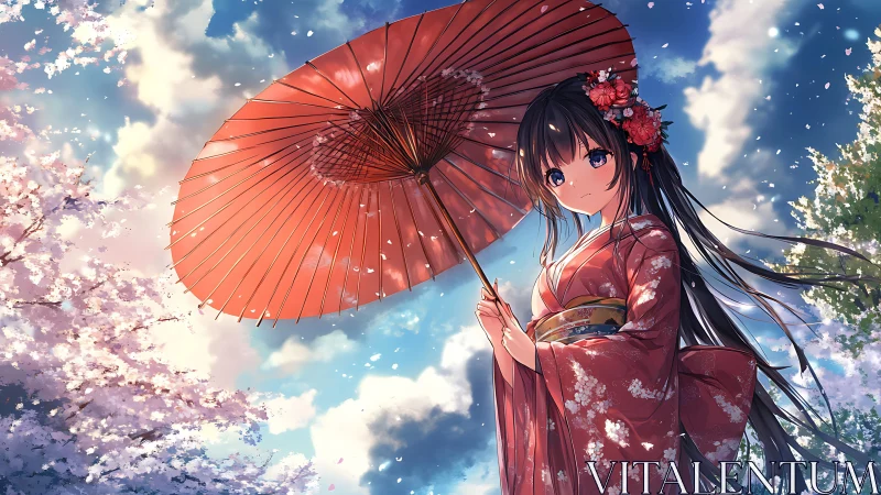 Kimono girl with umbrella under bright cherry blossoms.