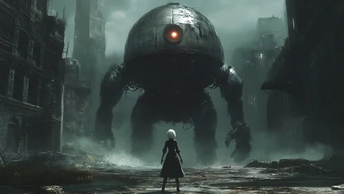 Brave wanderer faces a colossal robot in misty ruins.
