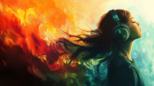 Digital portrait of woman with headphones in vivid color storm.