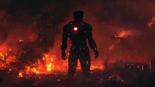 Armored sentinel surveys a burning city of collapsing dusk.