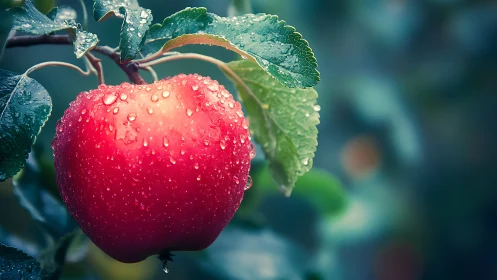 Raindrop jewelled apple pauses mid-orchard for its portrait