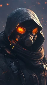 Hooded wasteland wanderer with glowing ember eyes stands poised.