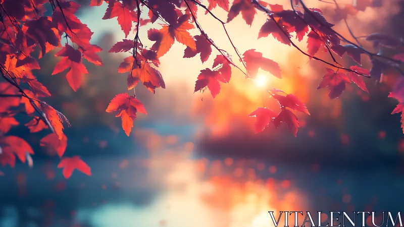 Autumn maple leaves glow against a dreamy sunset lake scene.