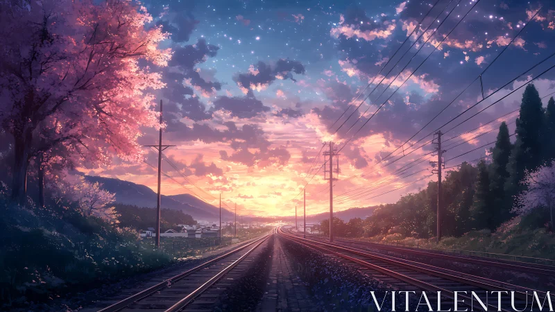 Sunset railway perspective under luminescent spring sky