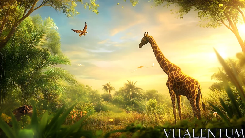 Giraffe watches sunrise over lush golden savanna landscape.