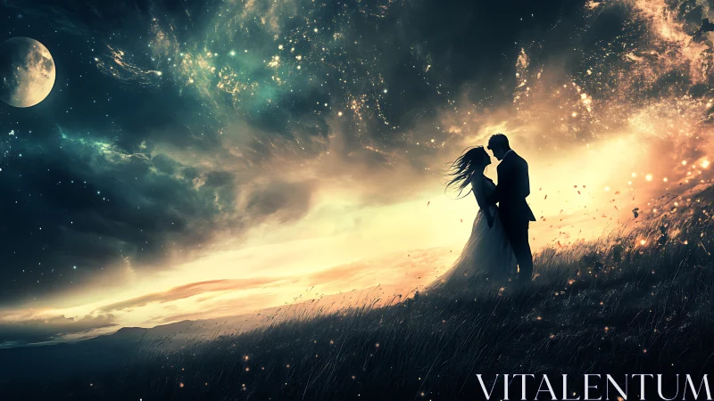 Celestial Romance: Silhouetted Couple Beneath Cosmic Sky.