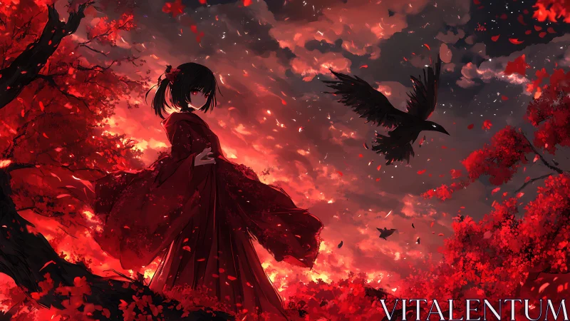 Girl in red kimono stands under crimson sky with crows.