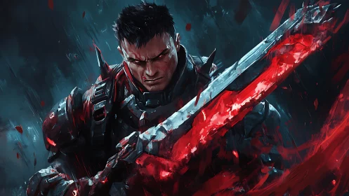 Armored cyber-swordsman with volatile crimson energy blade.