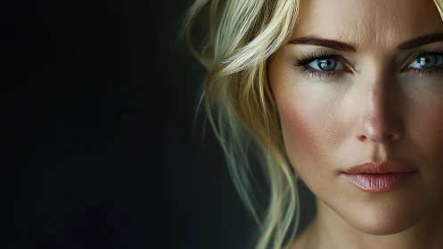 Close cropped portrait of blonde woman in soft light.