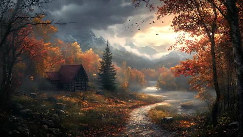 Secluded log cabin rests in a misty, golden autumn valley