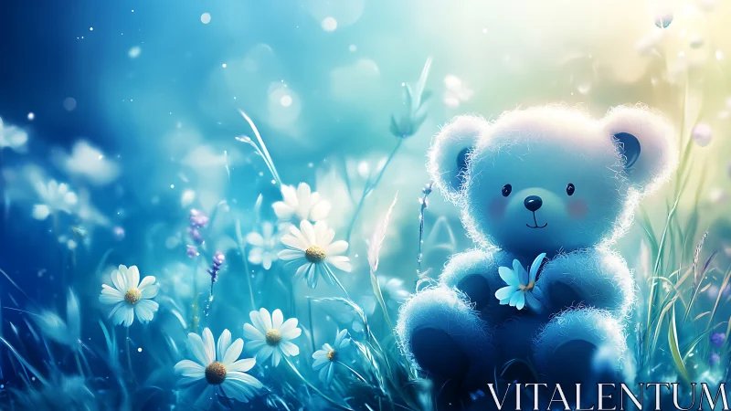 Soft teddy bear rests in dreamy blue meadow of daisies