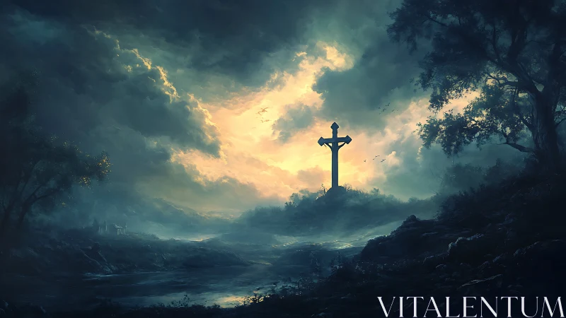 Lone stone cross rising over dark valley under storm clouds.