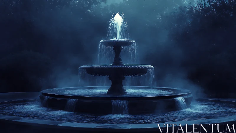 Moonlit tiered fountain rising through nocturnal mist.