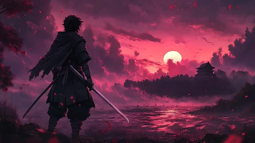 Lone samurai observes crimson sunset over distant fortress
