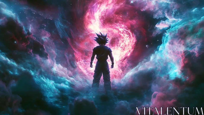 Lone cosmic warrior embraced by swirling neon starlight.